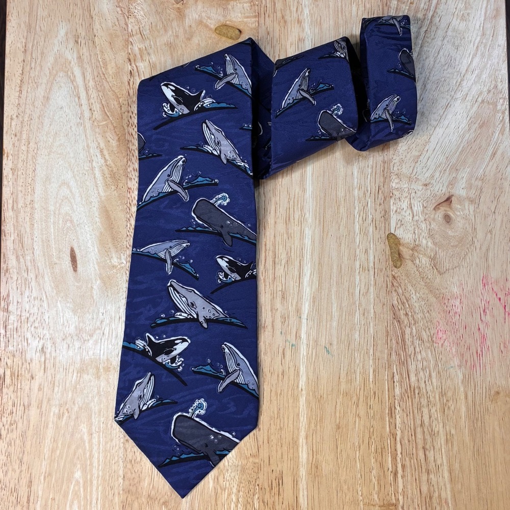 Vintage WWF Necktie 1993 Mens OS Navy Blue Excellent Whale Species Design 183